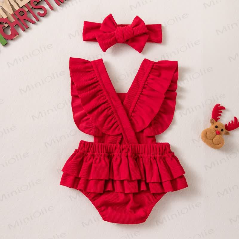 Baby Christmas Reindeer Ruffle Bodysuit with Headband - image 2