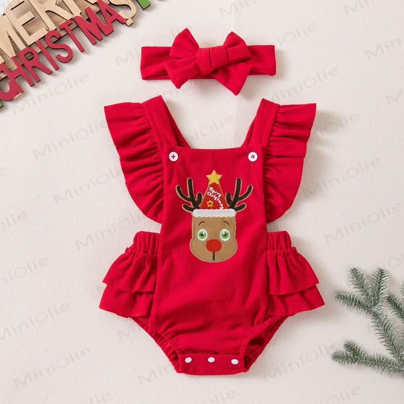 Baby Christmas Reindeer Ruffle Bodysuit with Headband - Red - 12-18M - image 1
