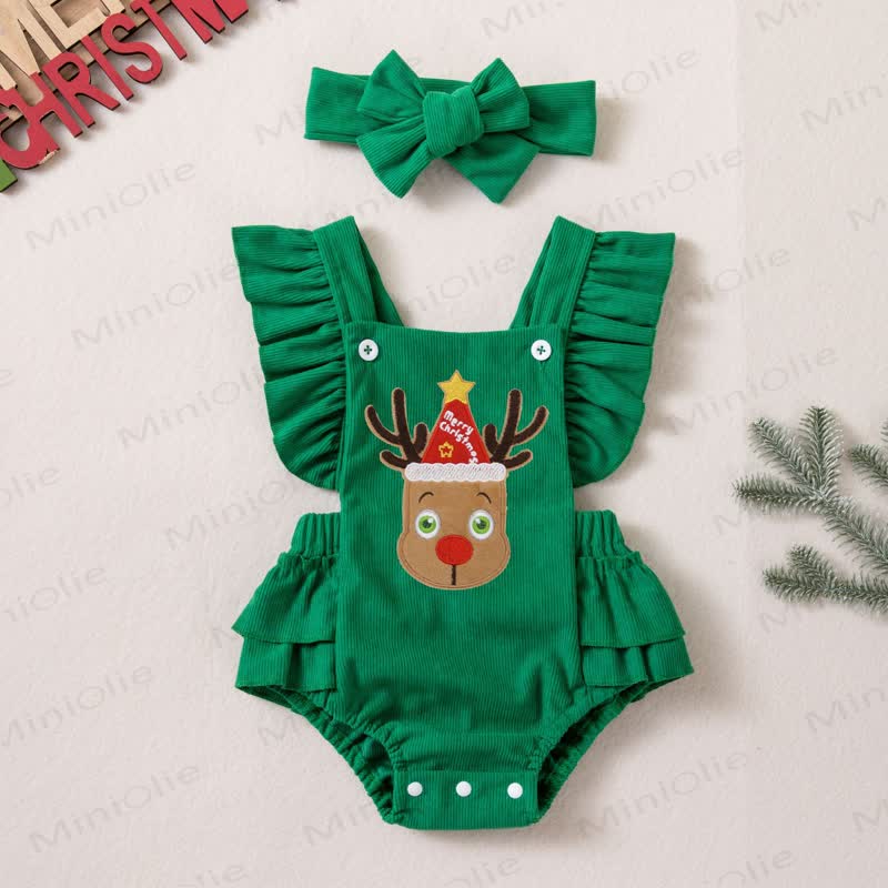 Baby Christmas Reindeer Ruffle Bodysuit with Headband - Green - 12-18M - image 4