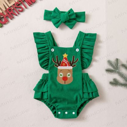Baby Christmas Reindeer Ruffle Bodysuit with Headband - Green - 12-18M - image 4