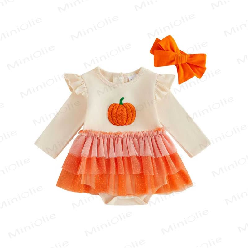 Baby Pumpkin Tulle Skirted Bodysuit with Headband - Orange - 12-18M - image 1