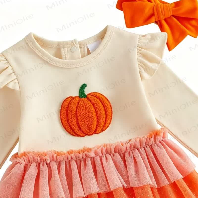 Baby Pumpkin Tulle Skirted Bodysuit with Headband - image 3