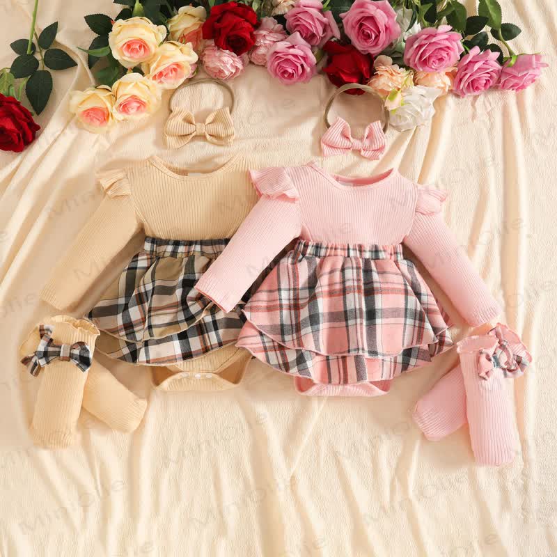 Baby Girl Plaid Skirt Bodysuit Headband Socks - image 1