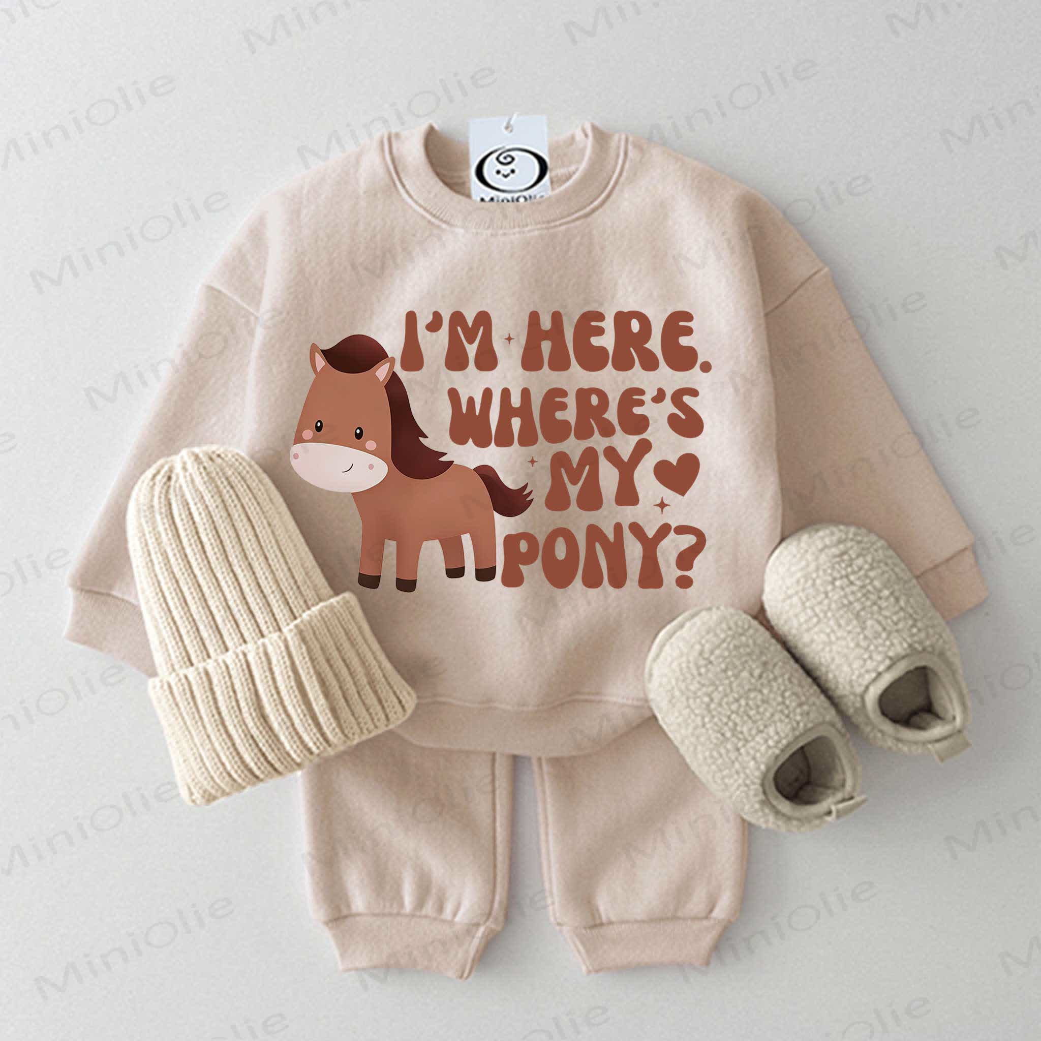 I'M HERE, WHERE'S MY PONY? Baby Sweatshirt 2-piece Set - Beige - 2-3T - image 1