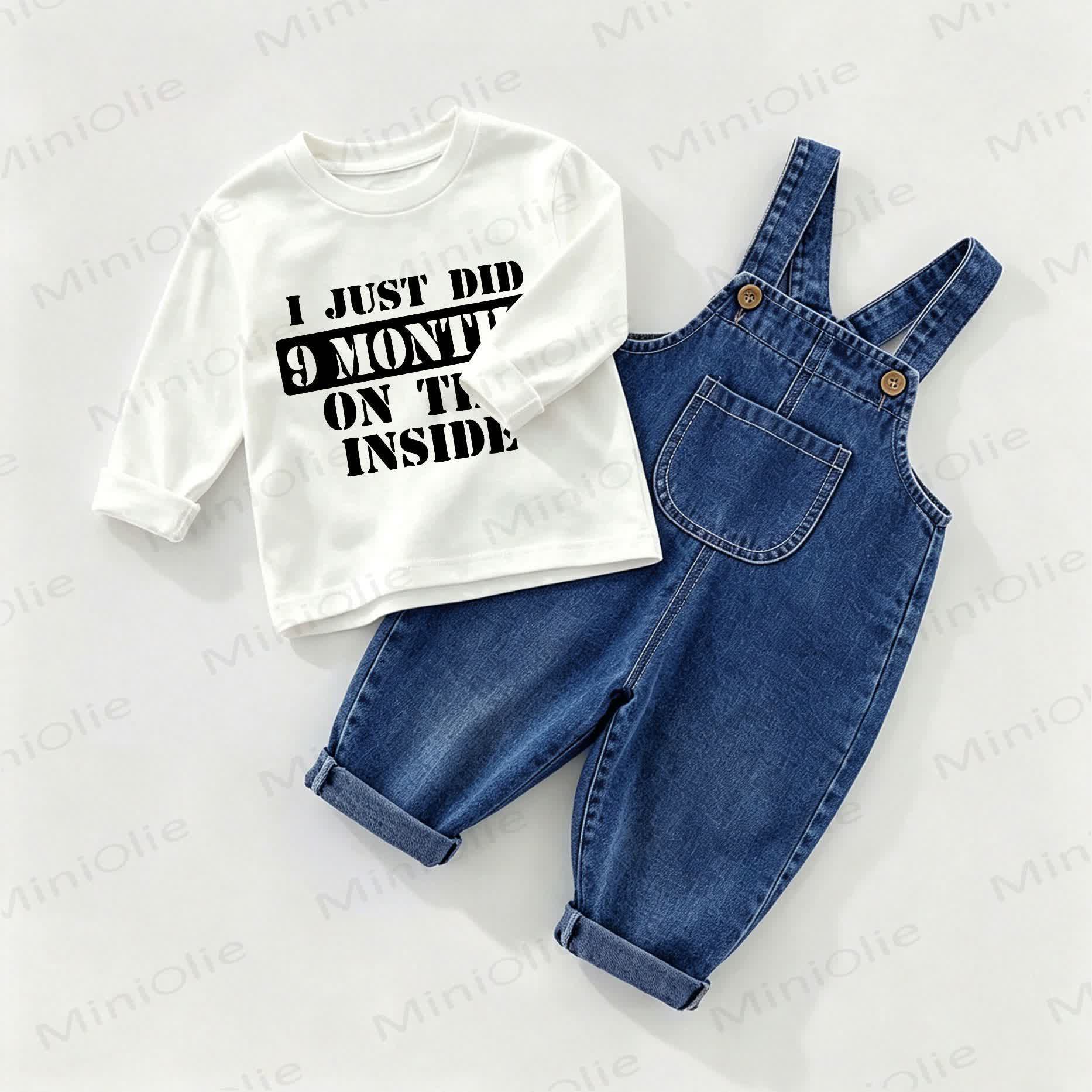 I JUST DID 9 MONTHS ON THE INSIDE Baby Denim Overalls and Tee 2-piece Set - White&Blue - 2-3T - image 1