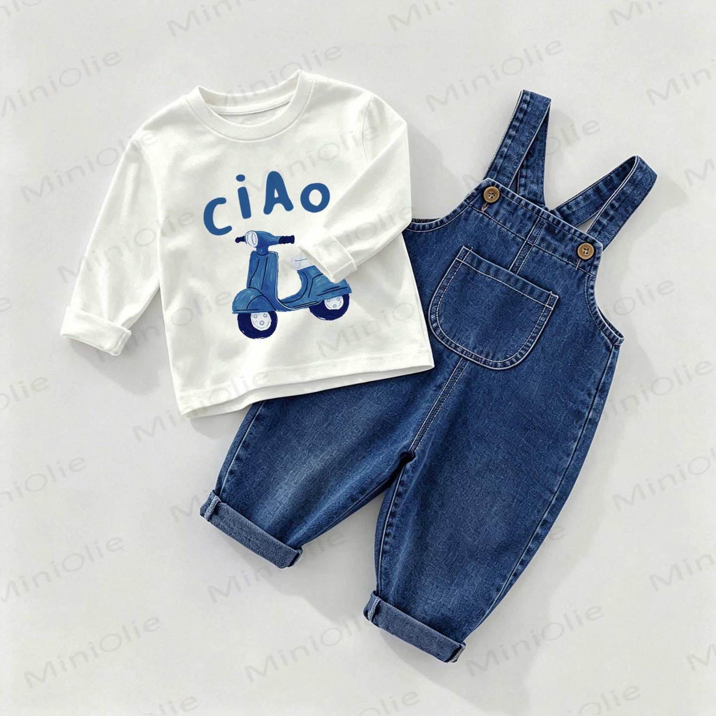 CIAO Baby Denim Overalls and Tee 2-piece Set - White&Blue - 2-3T - image 1