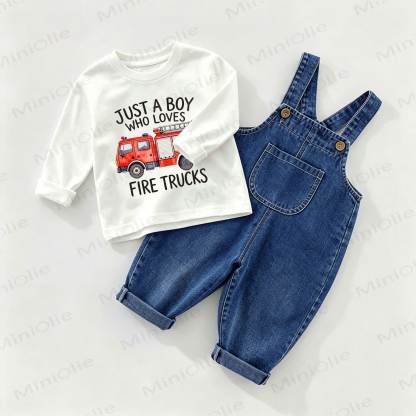 JUST A BOY WHO LOVES FIRE TRUCKS Baby Denim Overalls and Tee 2-piece Set - White&Blue - 2-3T - image 1