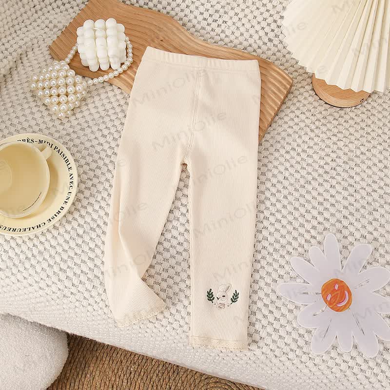 Toddler Soft Ribbed Lace Hem Bunny Leggings - Beige - 8-9T - image 7