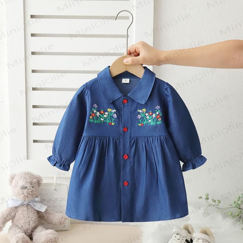 Toddler Girl Floral Embroidered Denim Shirt Dress - Navy Blue - 4-5T - image 1