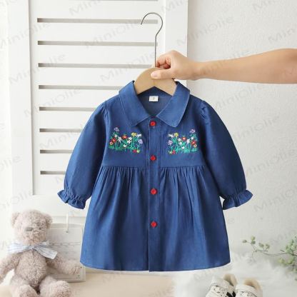 Toddler Girl Floral Embroidered Denim Shirt Dress - Navy Blue - 4-5T - image 1