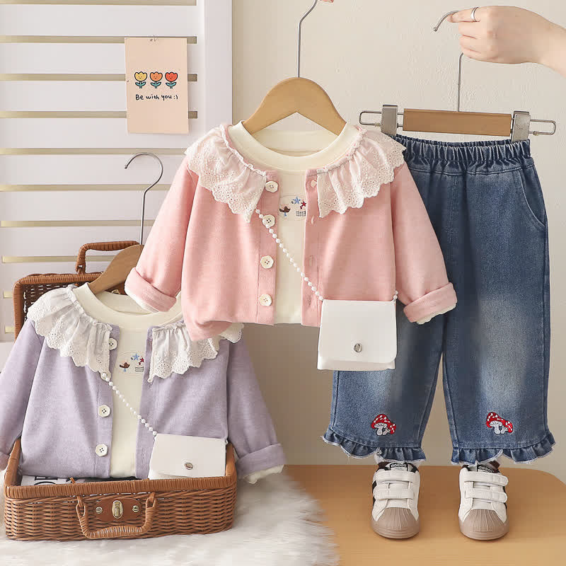 Toddler Baby Girls Mushroom Ruffle Collar Cardigan and Denim Pants 3-piece Set - image 1