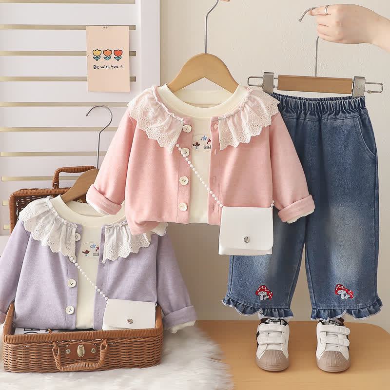 Toddler Baby Girls Mushroom Ruffle Collar Cardigan and Denim Pants 3-piece Set - image 1