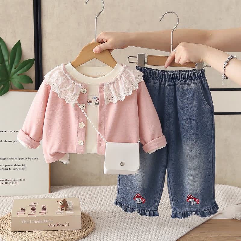 Toddler Baby Girls Mushroom Ruffle Collar Cardigan and Denim Pants 3-piece Set - Pink - 4-5T - image 2