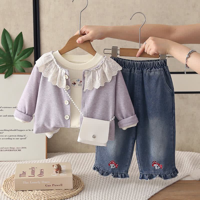 Toddler Baby Girls Mushroom Ruffle Collar Cardigan and Denim Pants 3-piece Set - Purple - 4-5T - image 3
