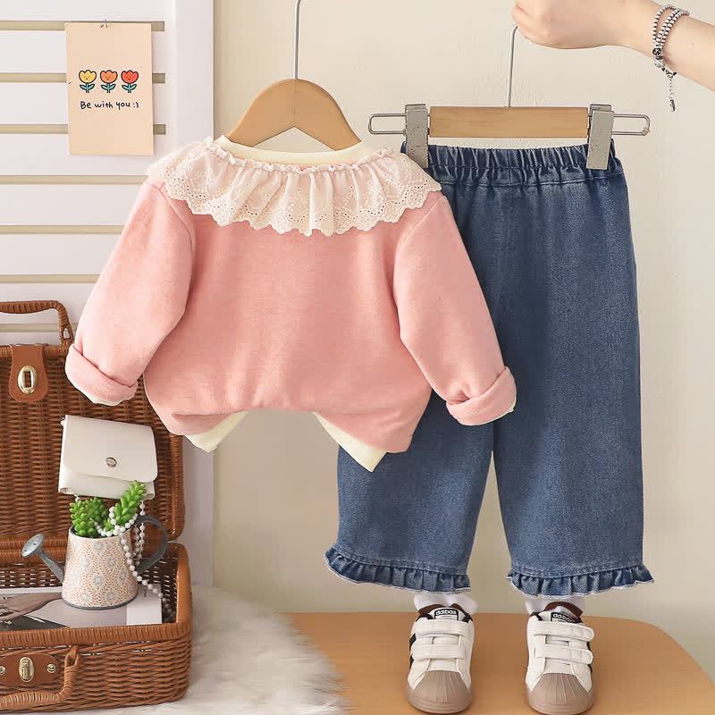 Toddler Baby Girls Mushroom Ruffle Collar Cardigan and Denim Pants 3-piece Set - image 4