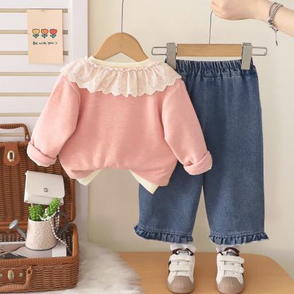 Toddler Baby Girls Mushroom Ruffle Collar Cardigan and Denim Pants 3-piece Set - image 4