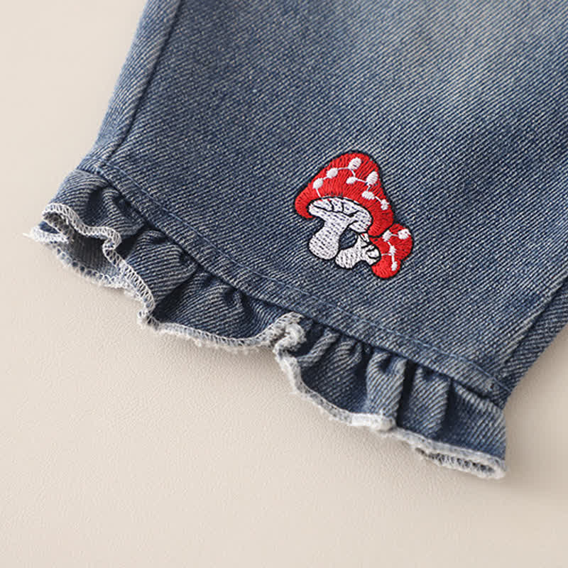 Toddler Baby Girls Mushroom Ruffle Collar Cardigan and Denim Pants 3-piece Set - image 13