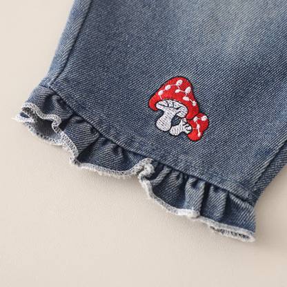 Toddler Baby Girls Mushroom Ruffle Collar Cardigan and Denim Pants 3-piece Set - image 13