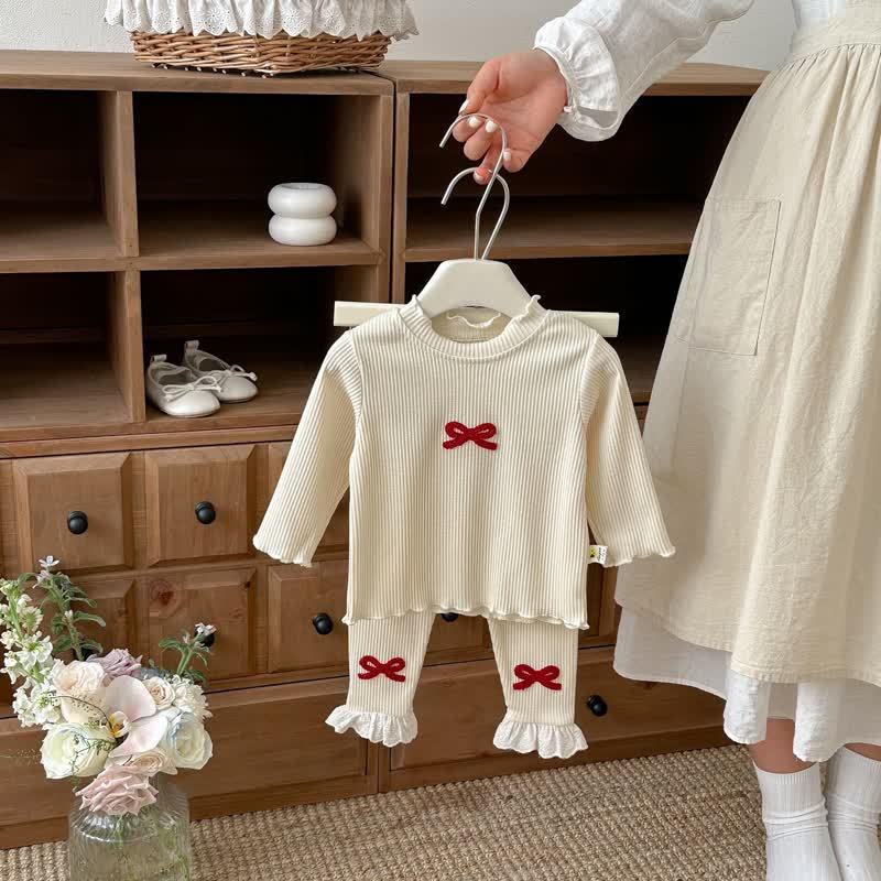 Baby Toddler Ribbed Bow Long Sleeve Top and Pants 2-piece Set - Beige - 3-4T - image 1
