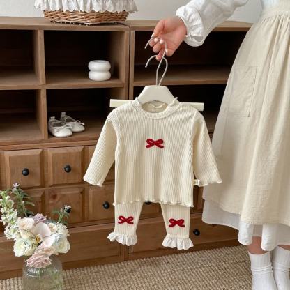 Baby Toddler Ribbed Bow Long Sleeve Top and Pants 2-piece Set - Beige - 3-4T - image 1