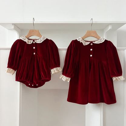 Baby Toddler Velvet Lace Collar Sister Outfits Dress & Bodysuit - image 4