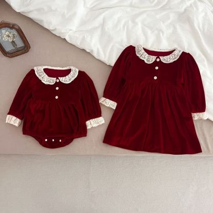 Baby Toddler Velvet Lace Collar Sister Outfits Dress & Bodysuit - image 1