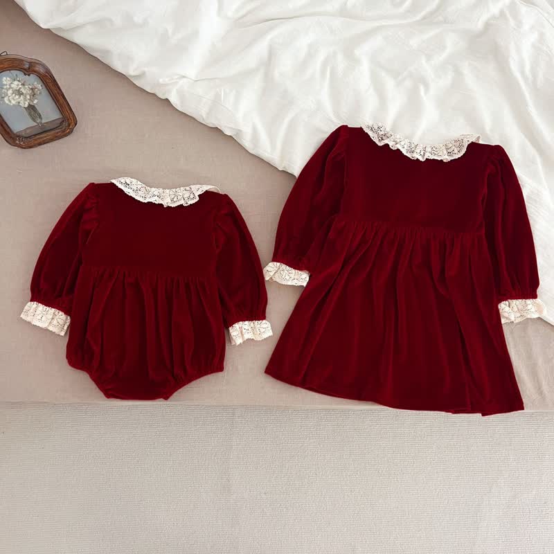 Baby Toddler Velvet Lace Collar Sister Outfits Dress & Bodysuit - image 2