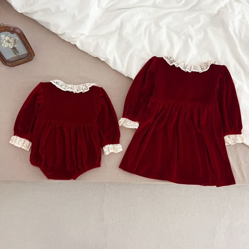 Baby Toddler Velvet Lace Collar Sister Outfits Dress & Bodysuit - image 2