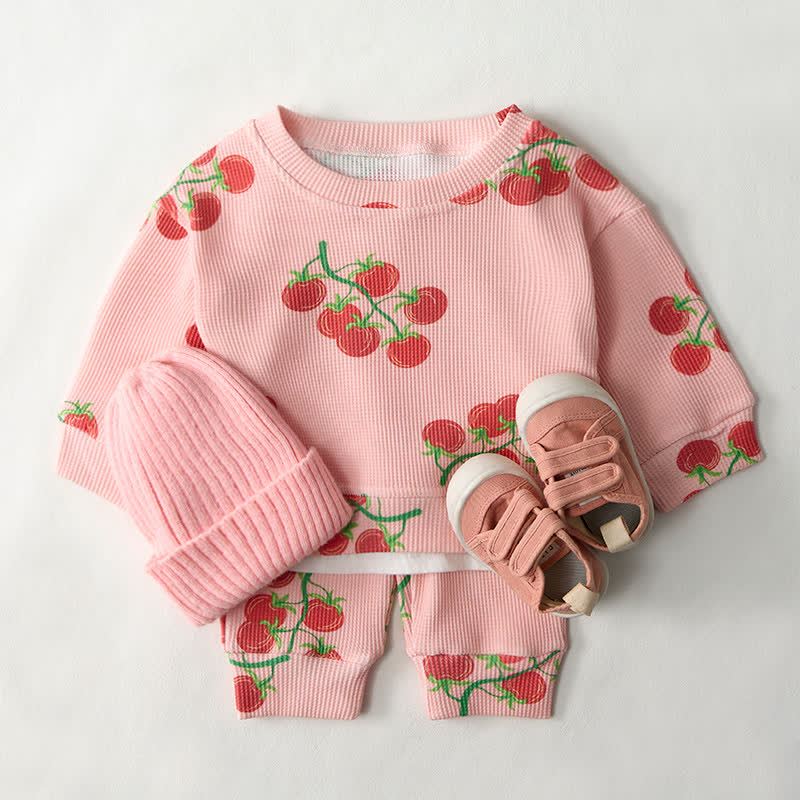 Baby Tomato Print Pink Waffle Sweatshirt 2-piece Set - image 2