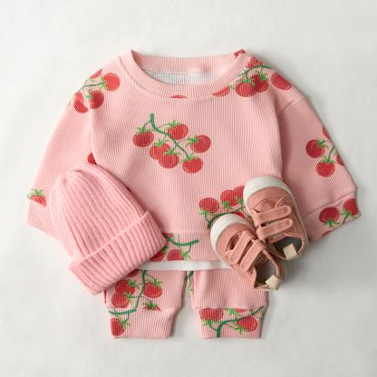 Baby Tomato Print Pink Waffle Sweatshirt 2-piece Set - image 2