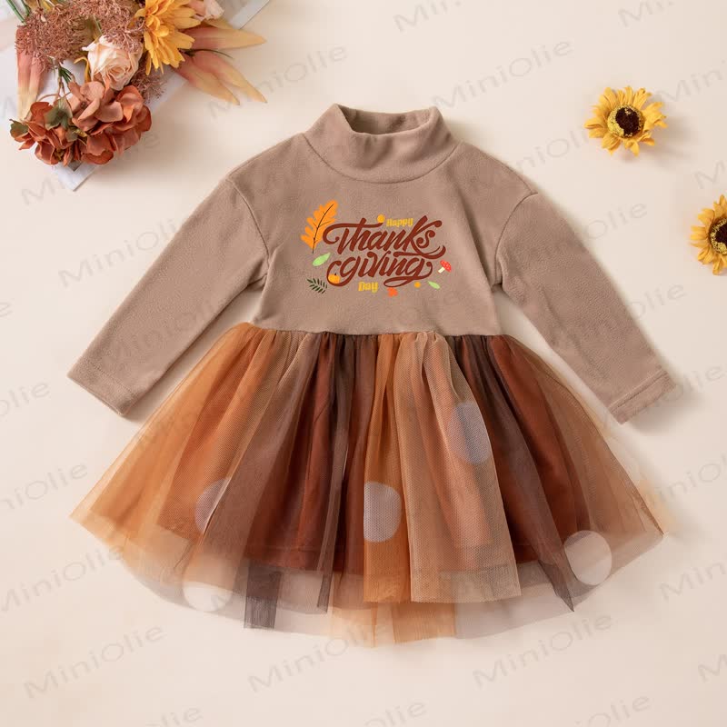 HAPPY THANKSGIVING DAY Baby Tulle Long Sleeve Dress - Brown Slogan - 2-3T - image 1