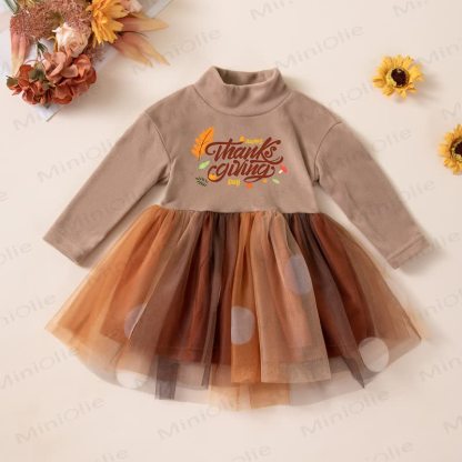 HAPPY THANKSGIVING DAY Baby Tulle Long Sleeve Dress - Brown Slogan - 2-3T - image 1