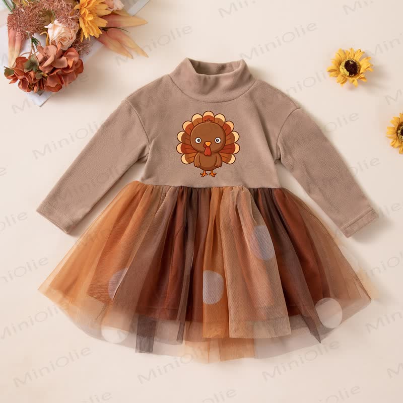 HAPPY THANKSGIVING DAY Baby Tulle Long Sleeve Dress - Brown Turkey - 2-3T - image 2
