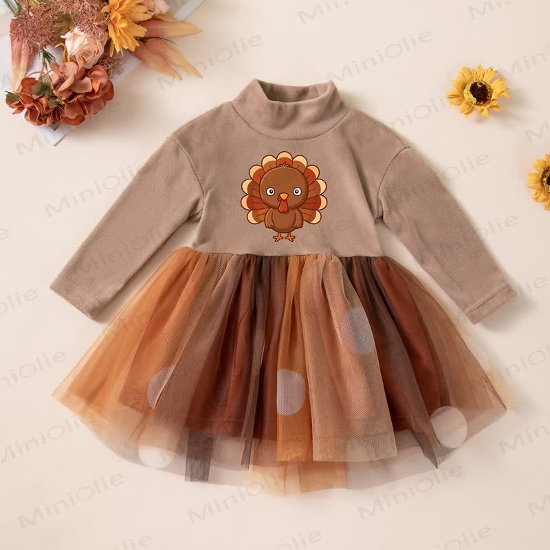 HAPPY THANKSGIVING DAY Baby Tulle Long Sleeve Dress - Brown Turkey - 2-3T - image 2