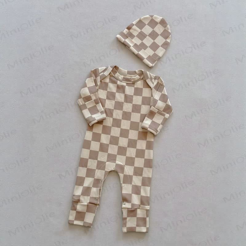 Baby Beige Cotton Romper with Matching Hat - Beige Checkered - 18-24M - image 4