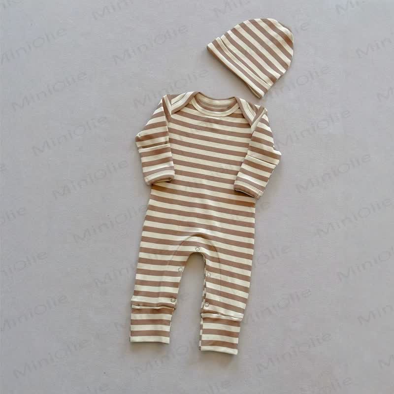 Baby Beige Cotton Romper with Matching Hat - Beige Stripe - 18-24M - image 5