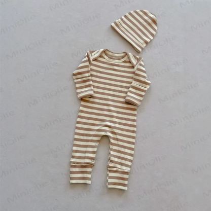 Baby Beige Cotton Romper with Matching Hat - Beige Stripe - 18-24M - image 5
