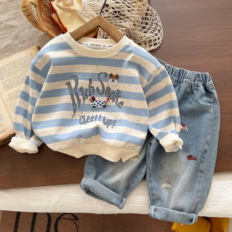 Toddler Baby Blue Striped Sweatshirt and Denim Pants 2-piece Set - Blue - 4-5T - image 1