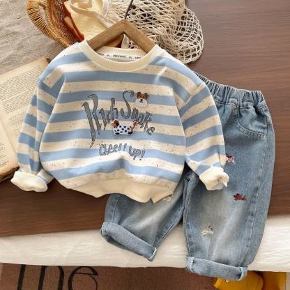 Toddler Baby Blue Striped Sweatshirt and Denim Pants 2-piece Set - Blue - 4-5T - image 1
