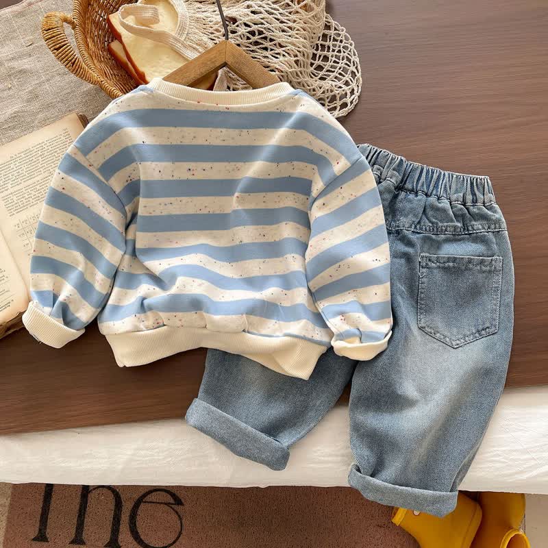 Toddler Baby Blue Striped Sweatshirt and Denim Pants 2-piece Set - image 2