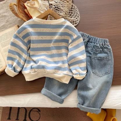 Toddler Baby Blue Striped Sweatshirt and Denim Pants 2-piece Set - image 2