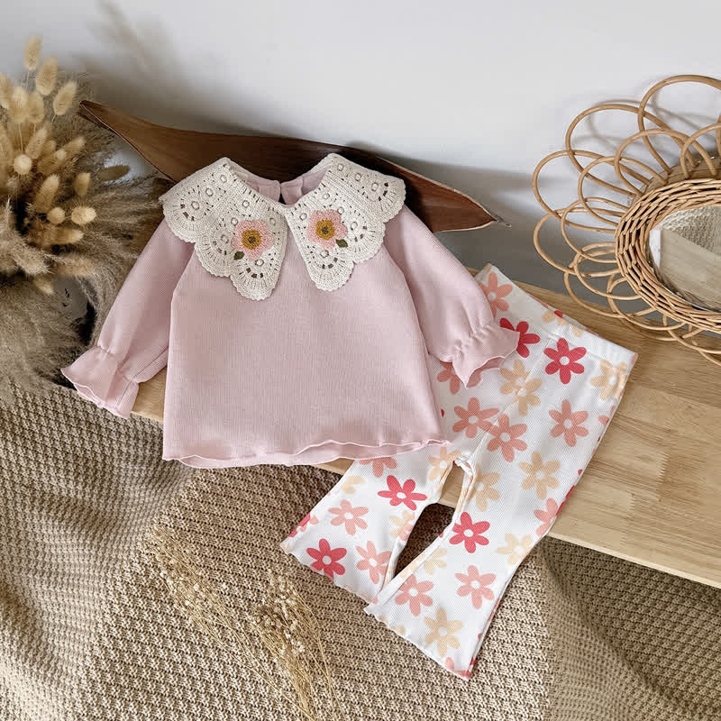 Baby Toddler Girl Pink Lace Collar Floral Top and Flared Pants 2-piece Set - image 1