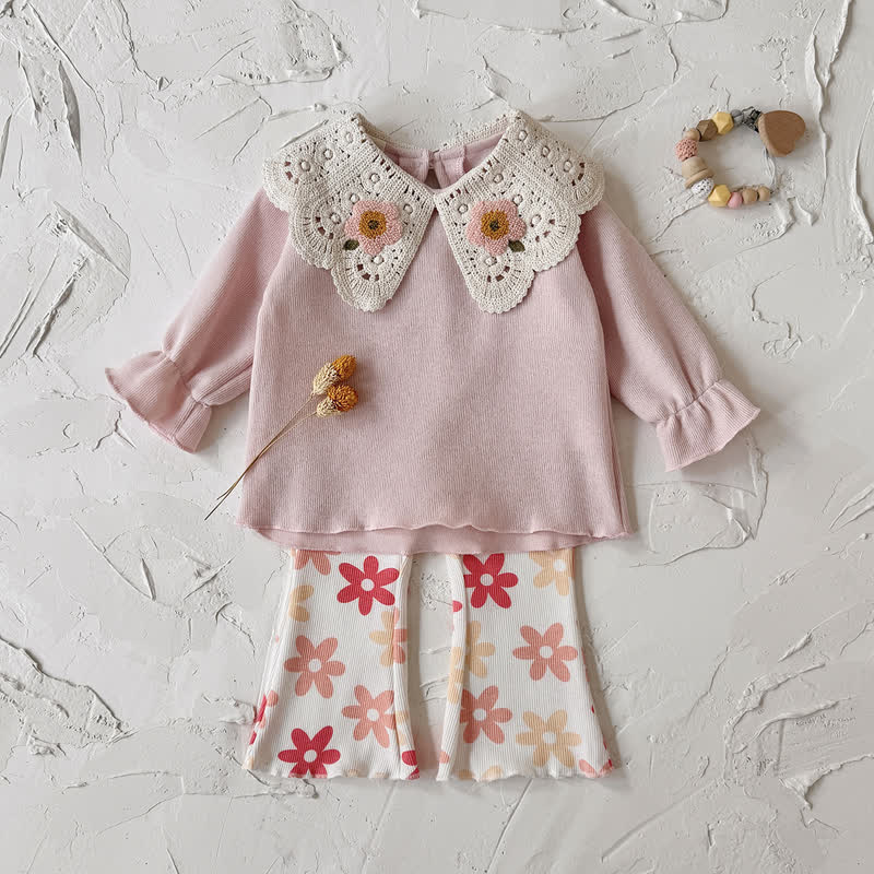 Baby Toddler Girl Pink Lace Collar Floral Top and Flared Pants 2-piece Set - Pink - 2-3Y - image 2