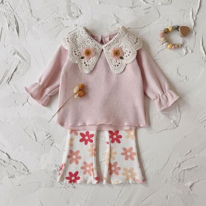Baby Toddler Girl Pink Lace Collar Floral Top and Flared Pants 2-piece Set - Pink - 2-3Y - image 2