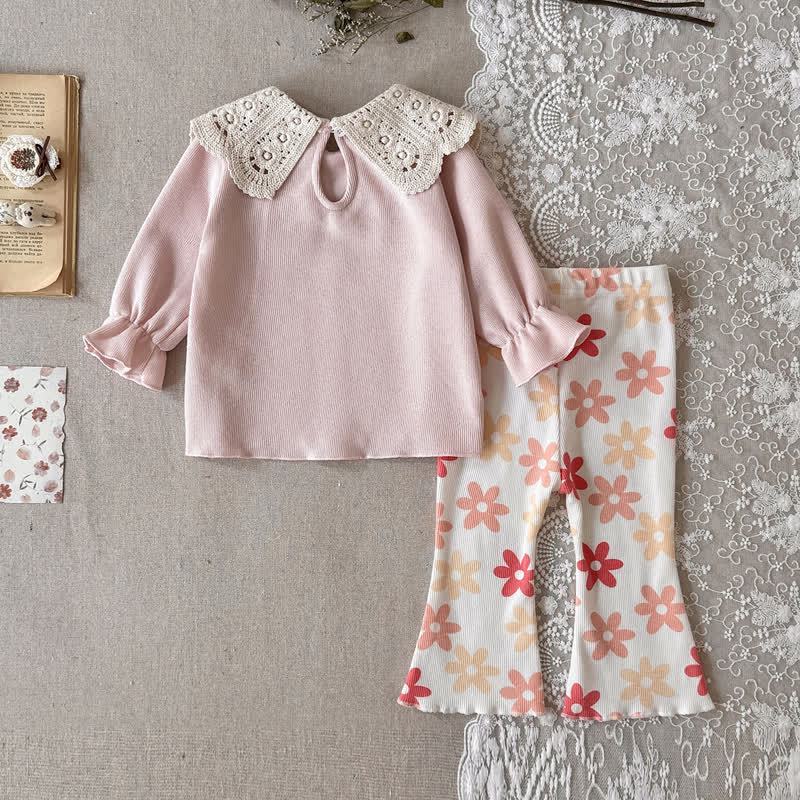 Baby Toddler Girl Pink Lace Collar Floral Top and Flared Pants 2-piece Set - image 3