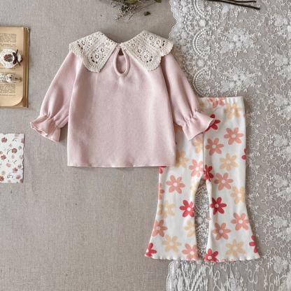 Baby Toddler Girl Pink Lace Collar Floral Top and Flared Pants 2-piece Set - image 3