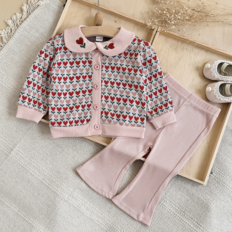 Baby Toddler Pink Heart Peter Pan Cardigan and Flare Pants 2-piece Set - image 1