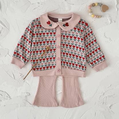 Baby Toddler Pink Heart Peter Pan Cardigan and Flare Pants 2-piece Set - Pink - 2-3Y - image 2