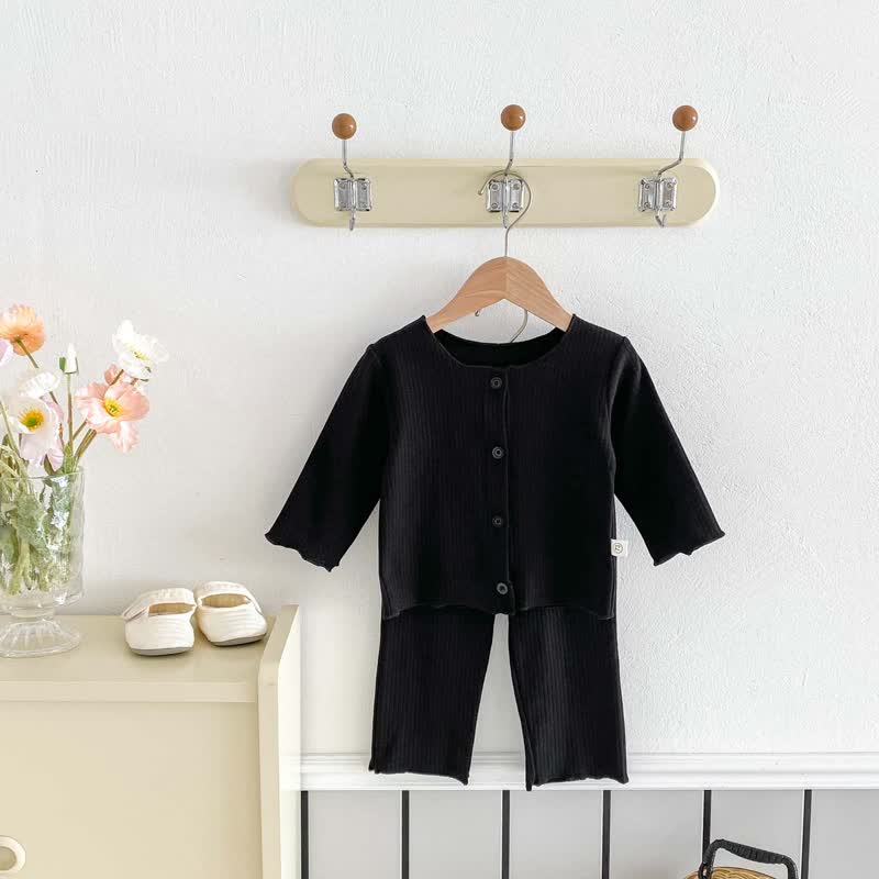 Baby Solid Color Button Front Top and Pants 2-piece Set - Black - 1-2T - image 2
