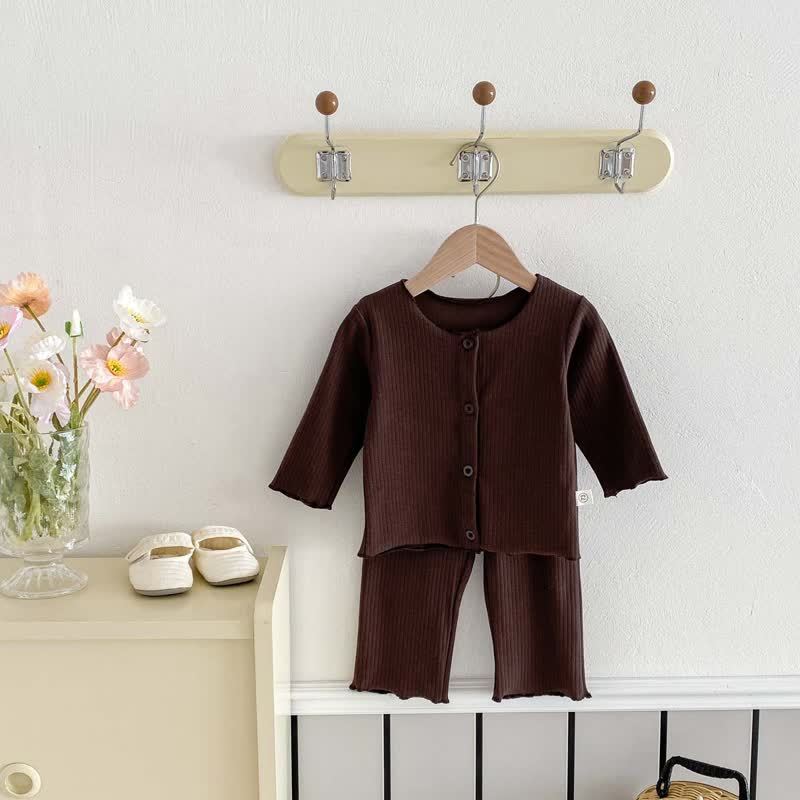 Baby Solid Color Button Front Top and Pants 2-piece Set - Brown - 1-2T - image 3